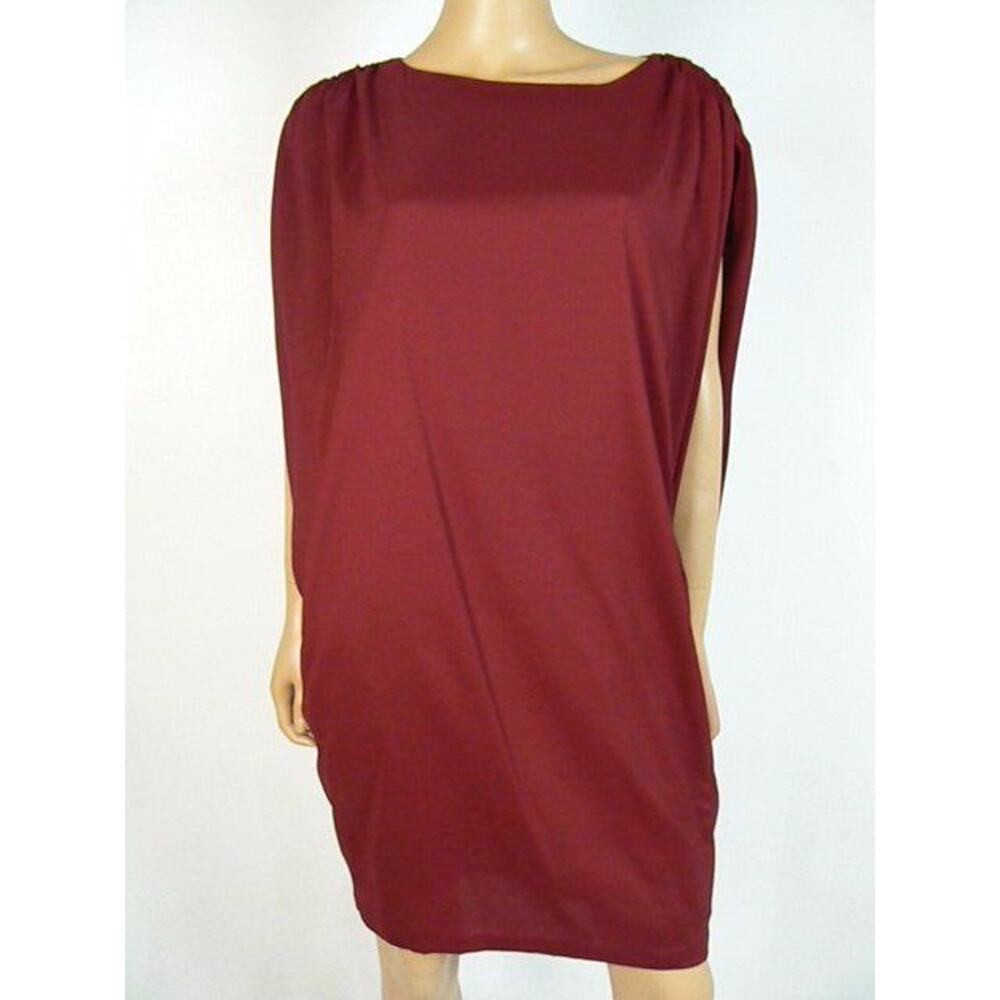 $188 Chequer Brick Red Satin Ruched Dolman Shift Dress 2 Missing Belt NWT C409